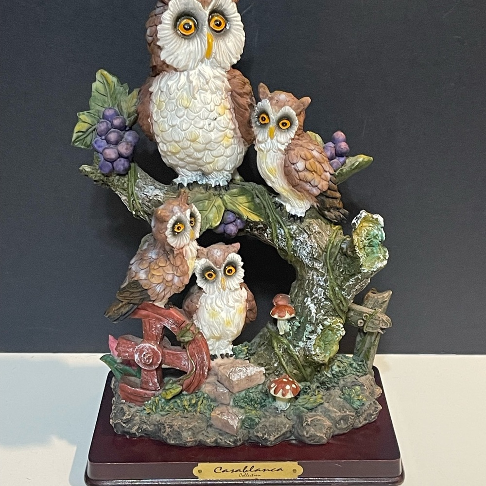 9” Resin Horned Owl Figurine Mama & Babies On Tree Branch Hand Painted (T33)
